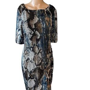 Connected Apparel multicolor abstract print bodycon dress size 6 EUC